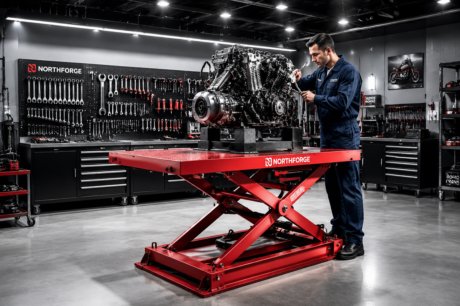 Professional garage workshop with engine lift equipment